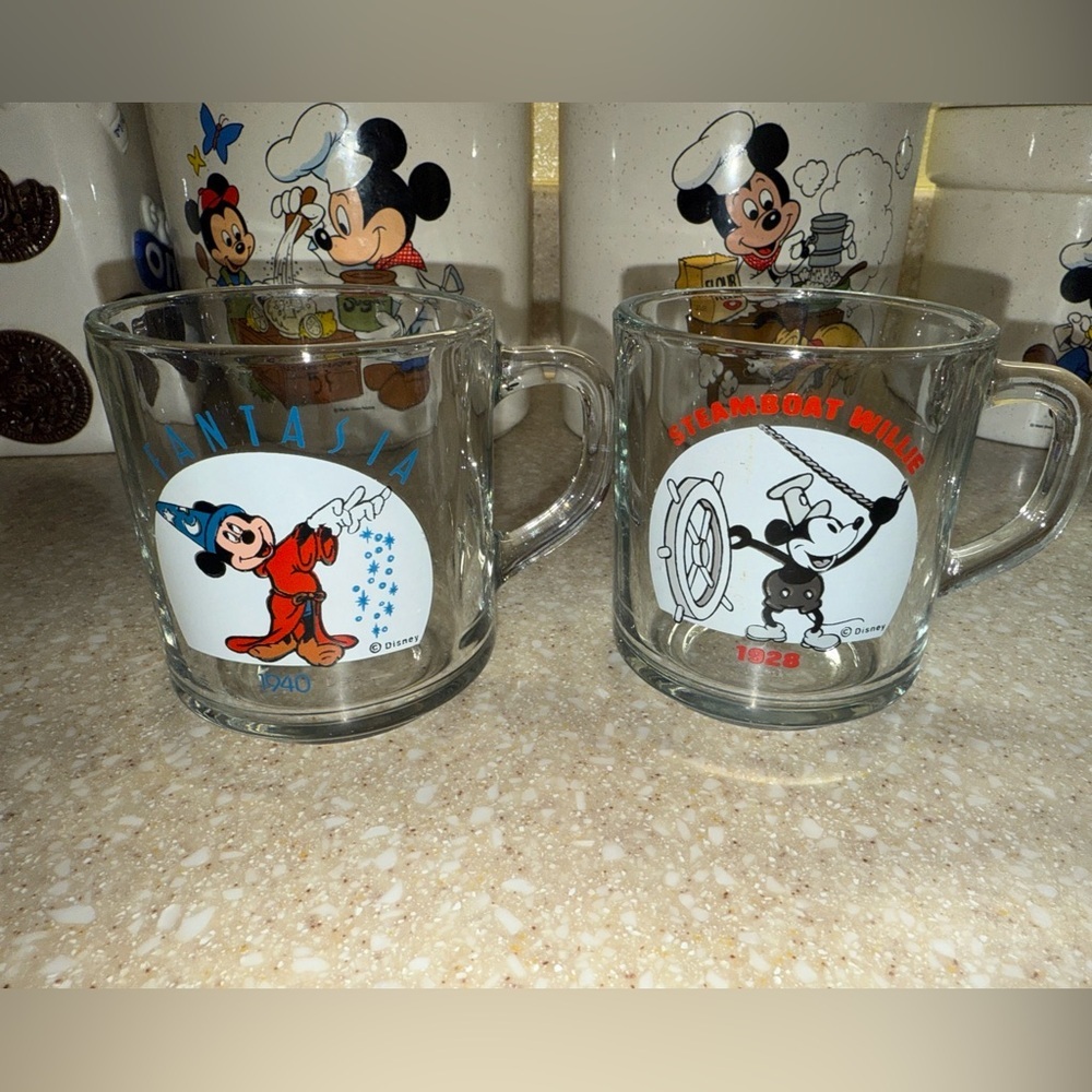 Disney Mickey Mouse Clear Glass Mugs 2 1928 Steamboat Willie 1940 Fantasia